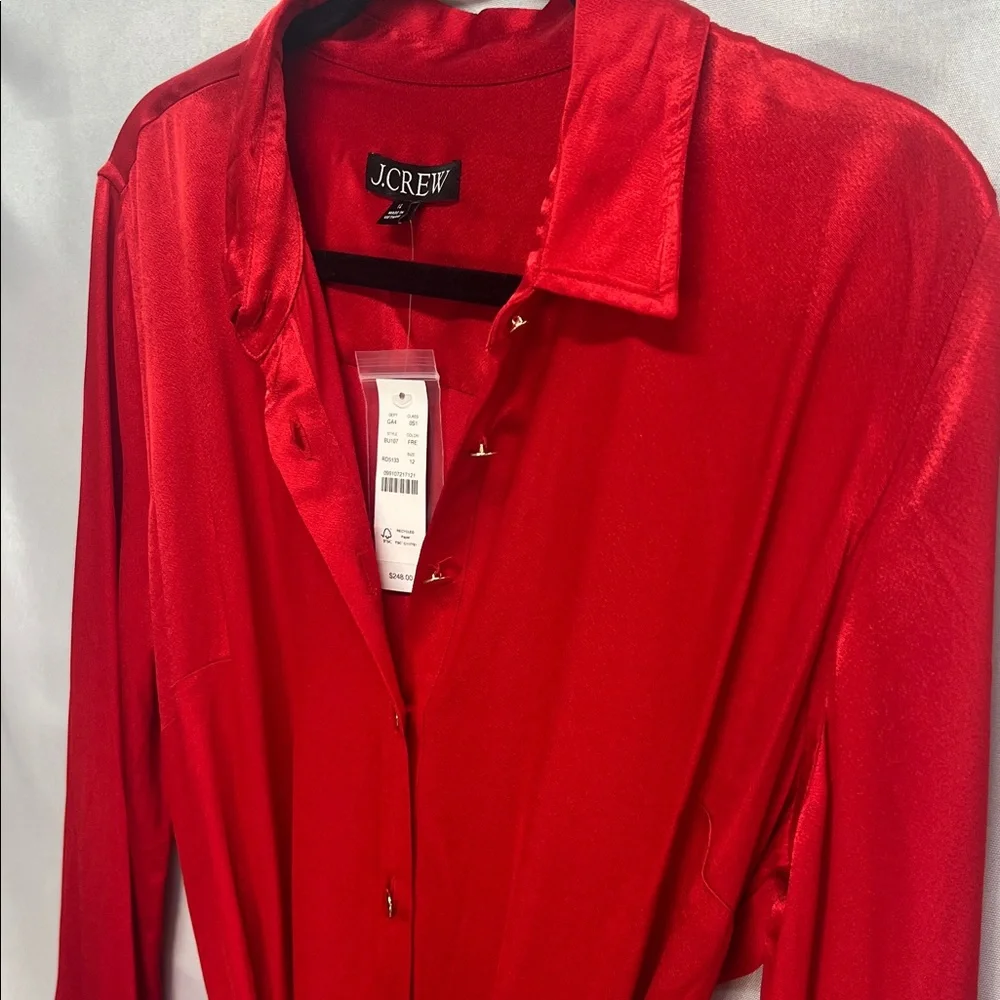 J.‎ Crew Red Silky Drapey Maxi Shirt Dress Belted Buttoned 12